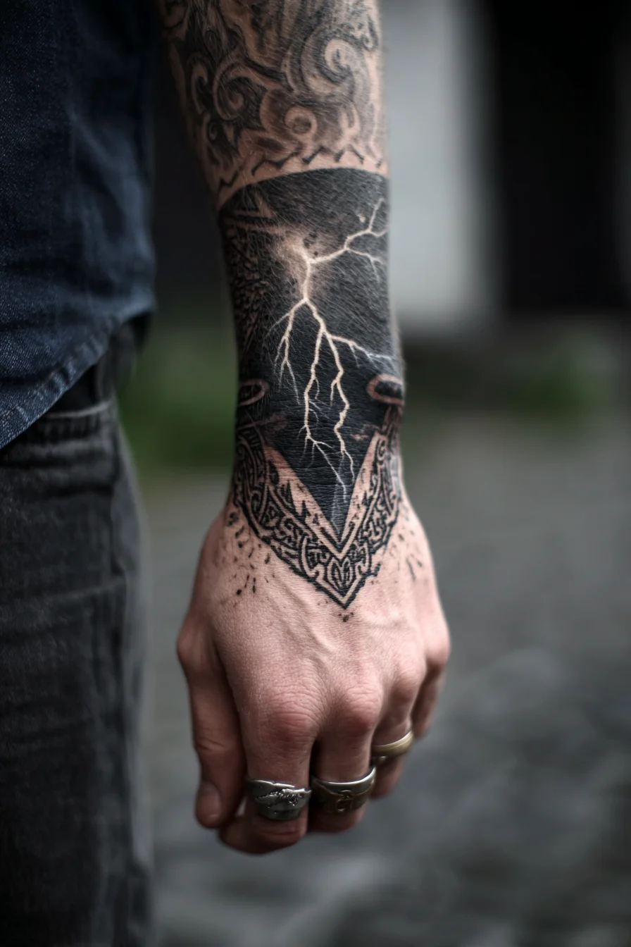 Blackwork Lightning Wrist Cuff Tattoo — Hand & Forearm Design