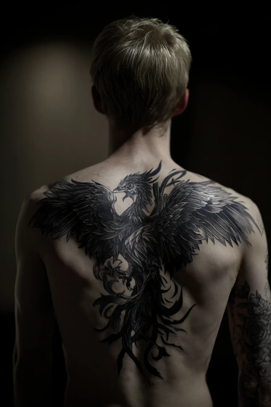 Blackwork Phoenix Back Tattoo — Large Shoulder-Blade Spread