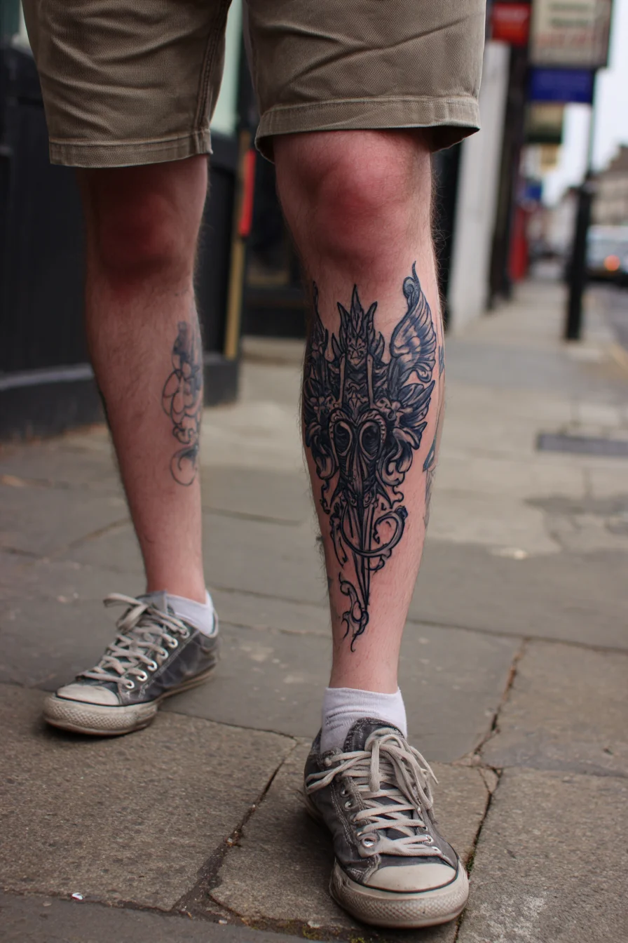 Blackwork Shin Tattoo: Mythic Mask with Filigree Vertical Design