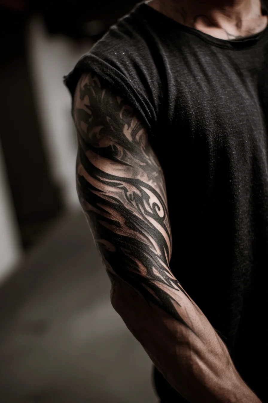 Blackwork Tribal Sleeve Tattoo — Masculine Arm Sleeve Design