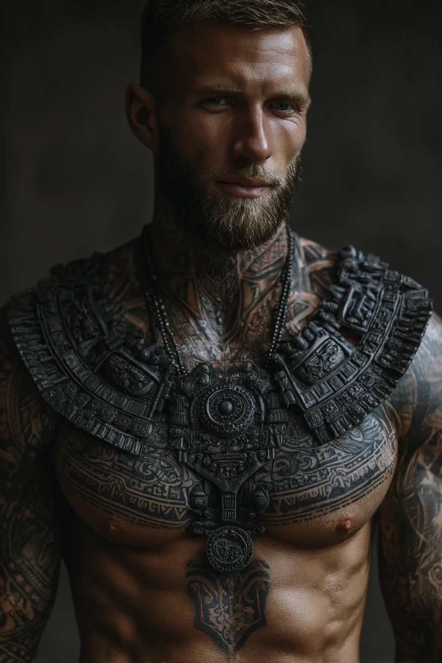 Bold Aztec/Tribal Chest-Plate Tattoo — Sternum, Neck & Shoulder Armor