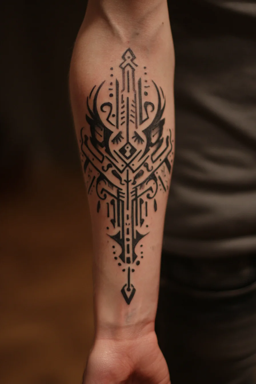 Bold Geometric Tribal Sword Forearm Tattoo — Blackwork Ornament
