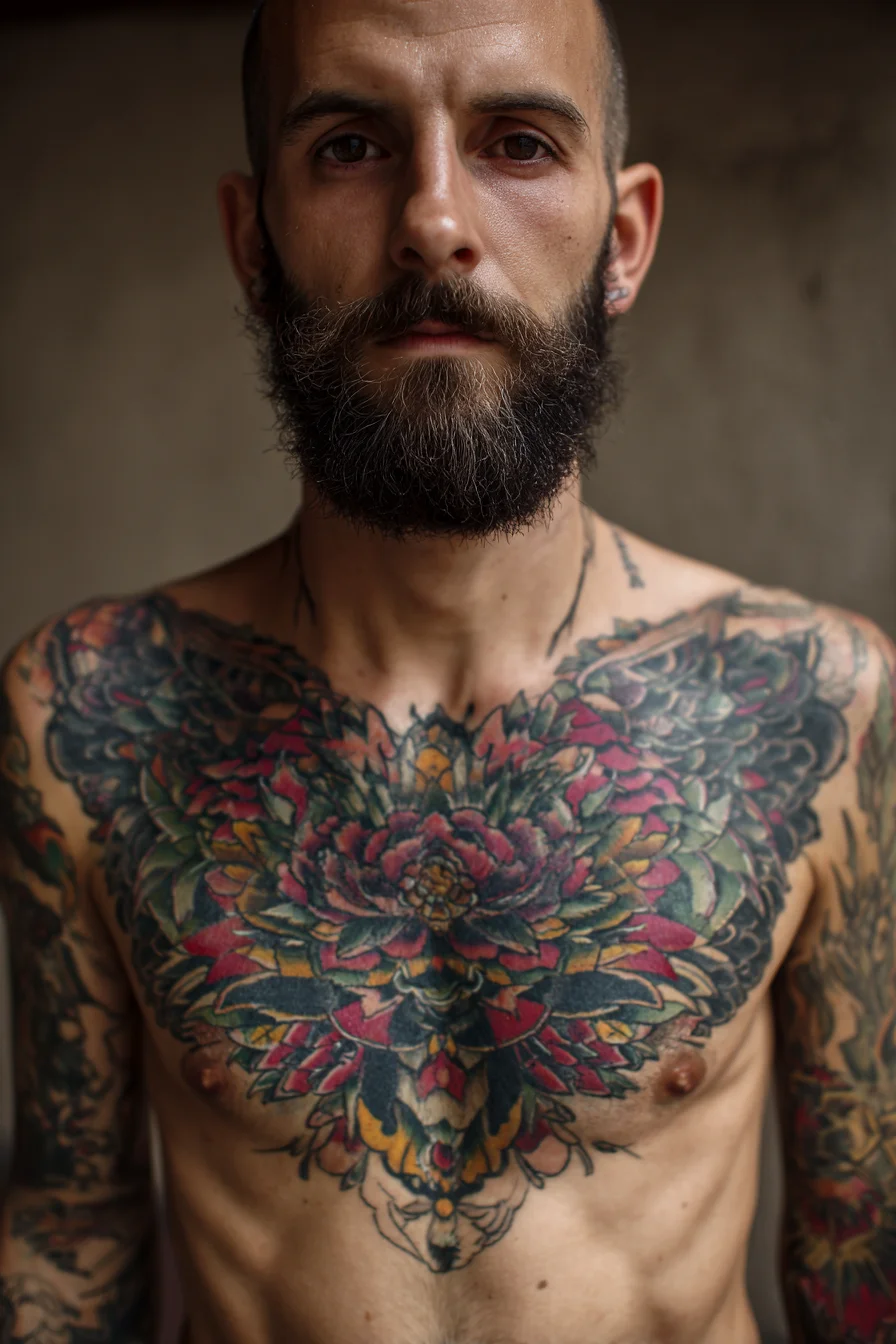 Bold Neo‑Traditional Floral Chest Piece — Peony/Mandala Symmetrical Tattoo