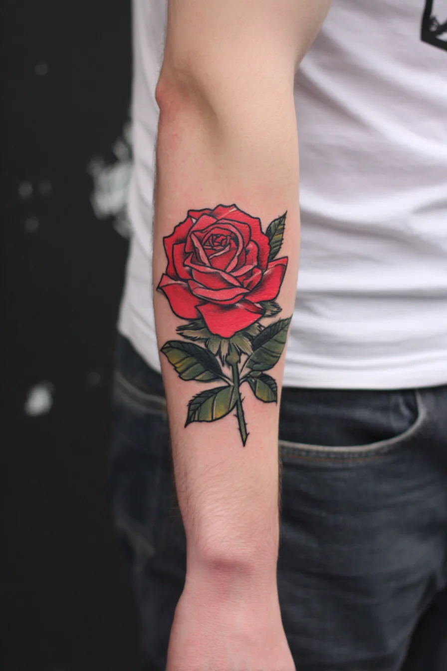 Bold Red Rose Forearm Tattoo — Traditional Neo‑Traditional Mens Design
