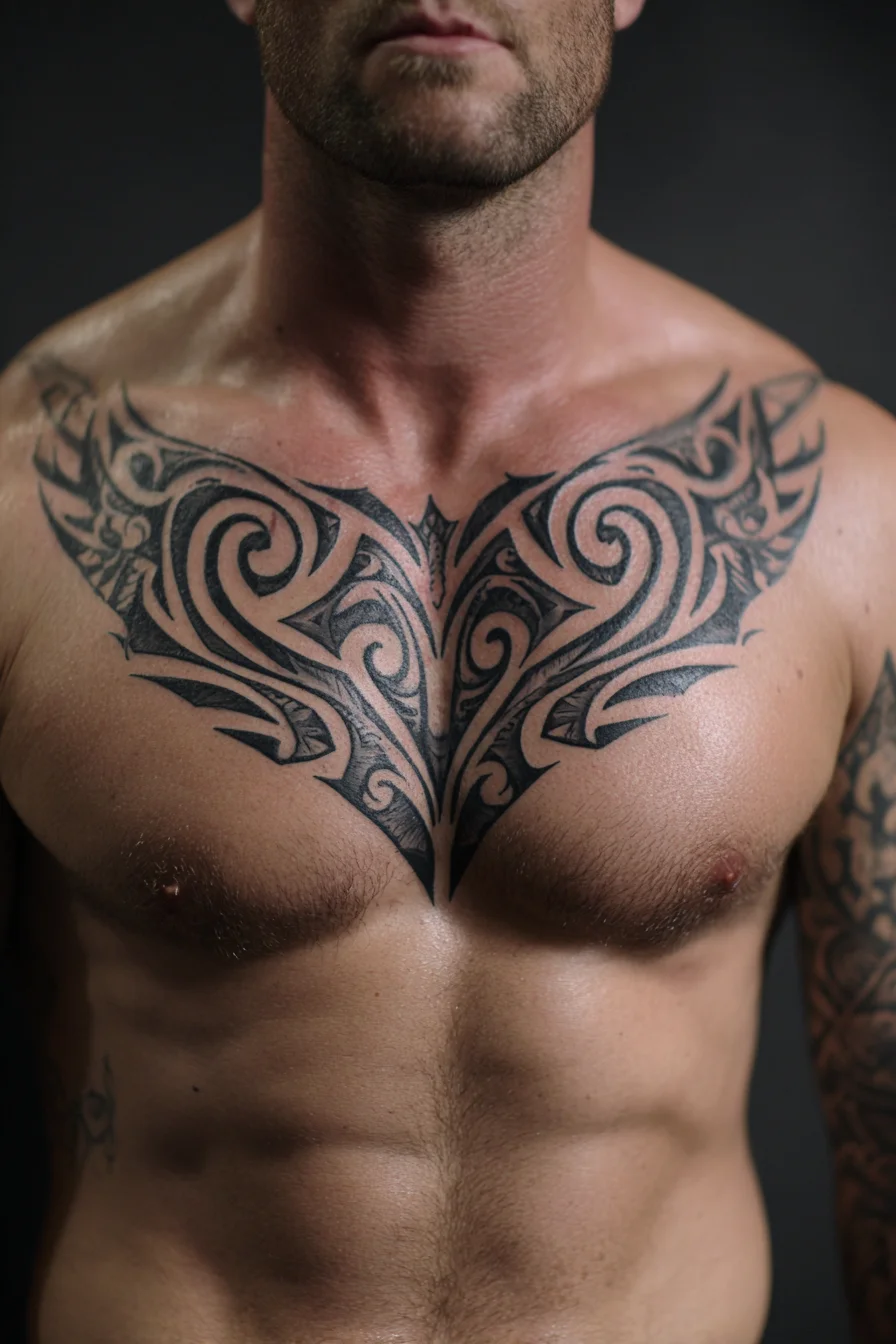 Bold Tribal Chest Tattoo — Symmetrical Blackwork for Men