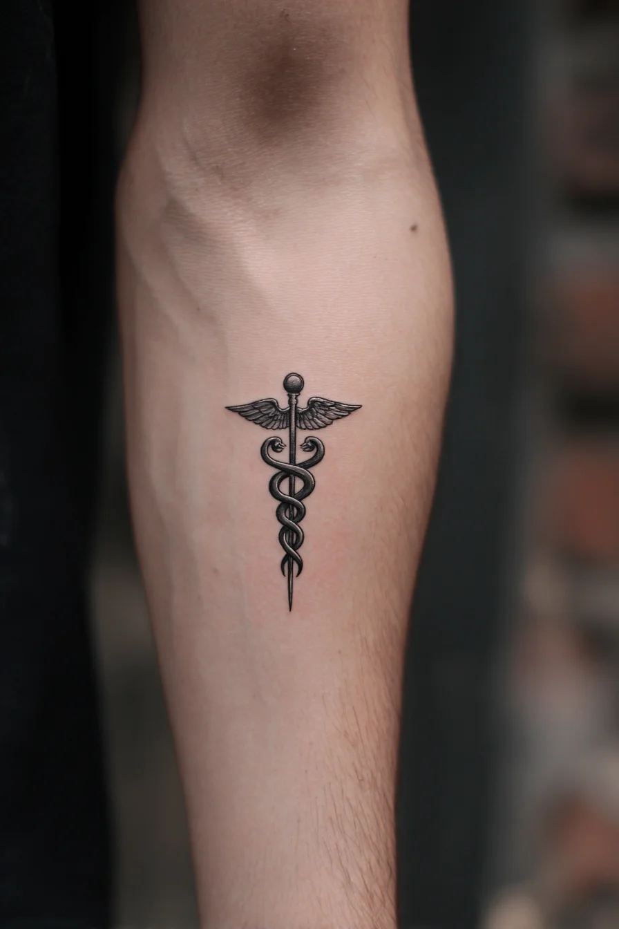 Caduceus Forearm Tattoo — Medical Symbol, Blackwork Linework for Men