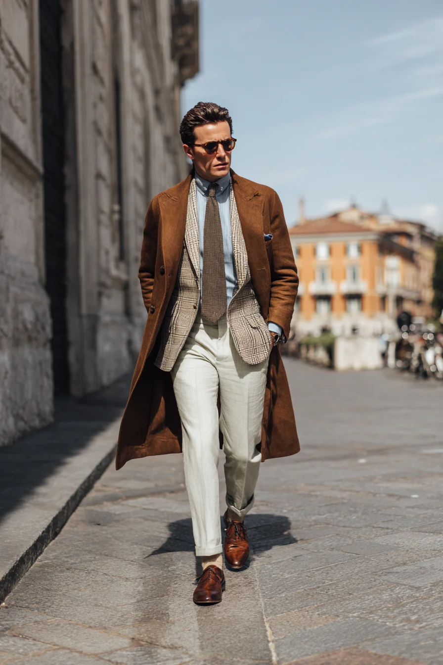 Camel Overcoat & Checked Blazer — Modern Smart-Casual for Men