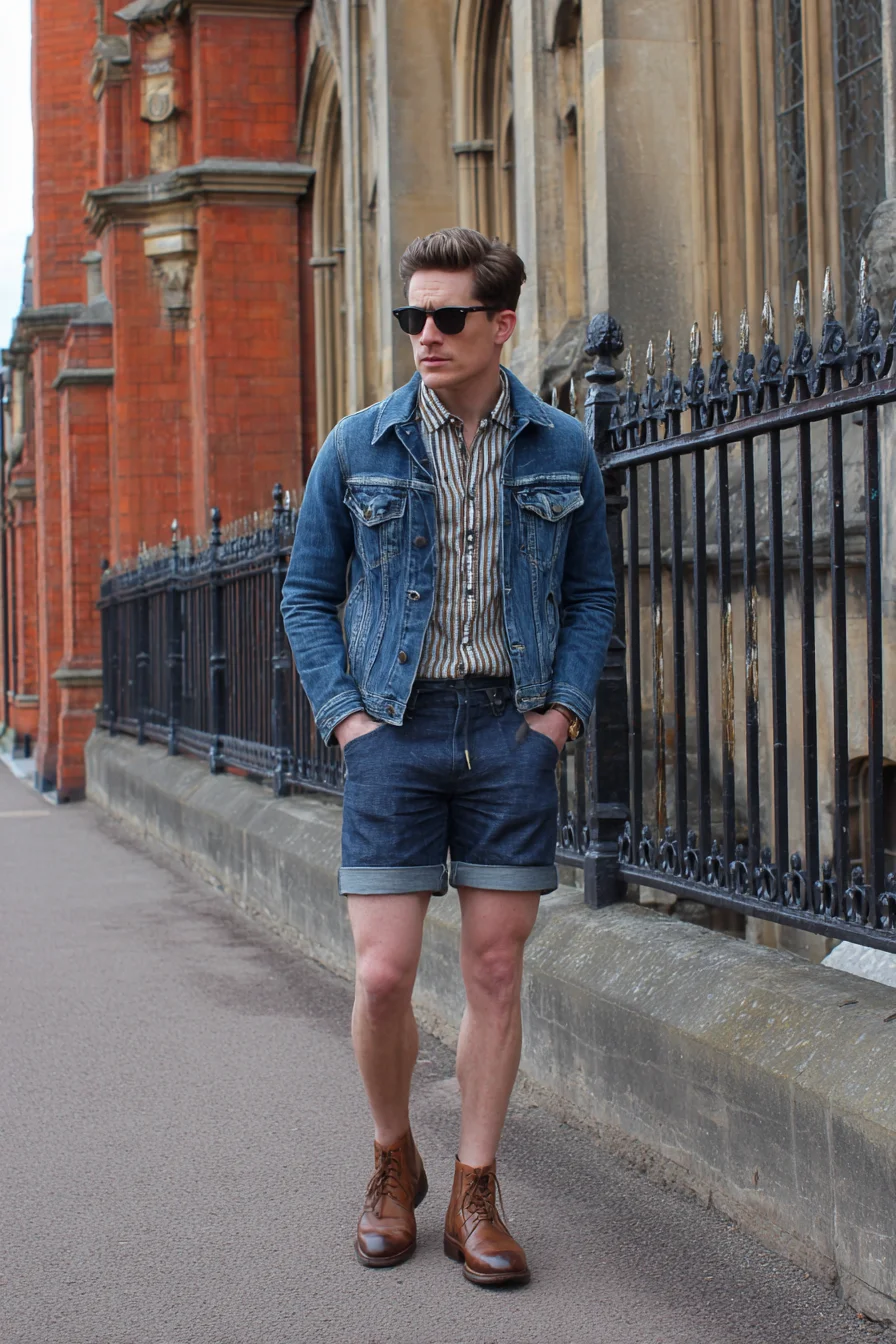 Casual Denim-on-Denim Summer Outfit: Jacket, Striped Shirt & Brown Boots