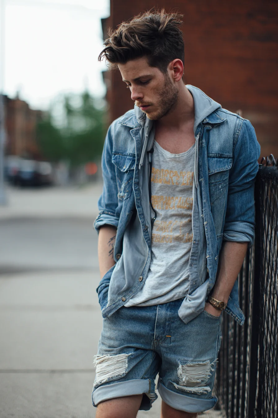 Casual Double-Denim Street Style: Layered Jacket, Hoodie & Distressed Shorts