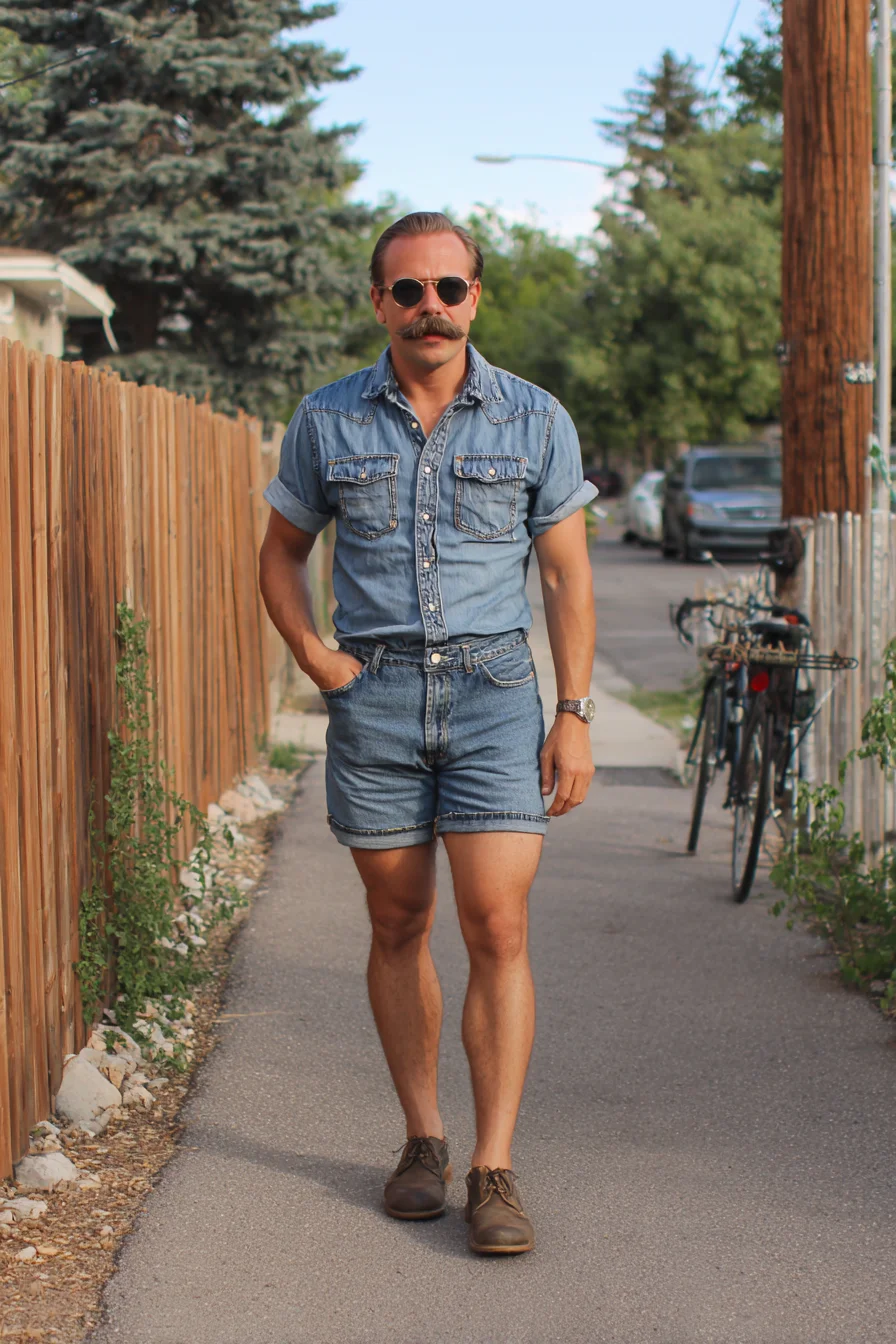 Casual Double-Denim Summer Look: Rolled-Sleeve Shirt, Denim Shorts & Brown Boots