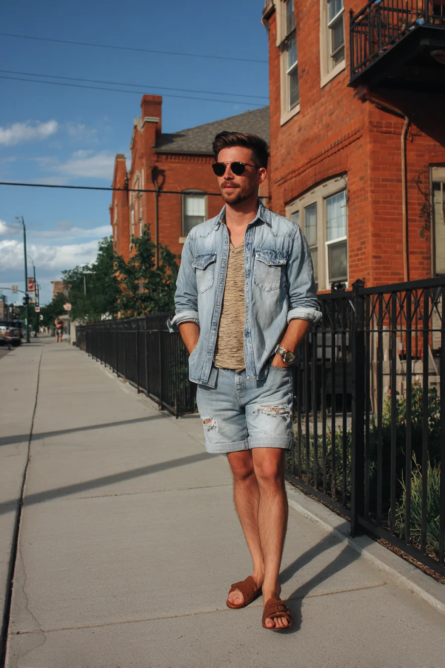 Casual Double-Denim Summer Outfit — Light Wash Shirt, Distressed Shorts & Sandals