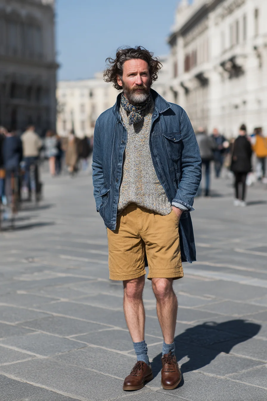 Casual Layered Mens Look — Denim Jacket, Knit Sweater & Chino Shorts