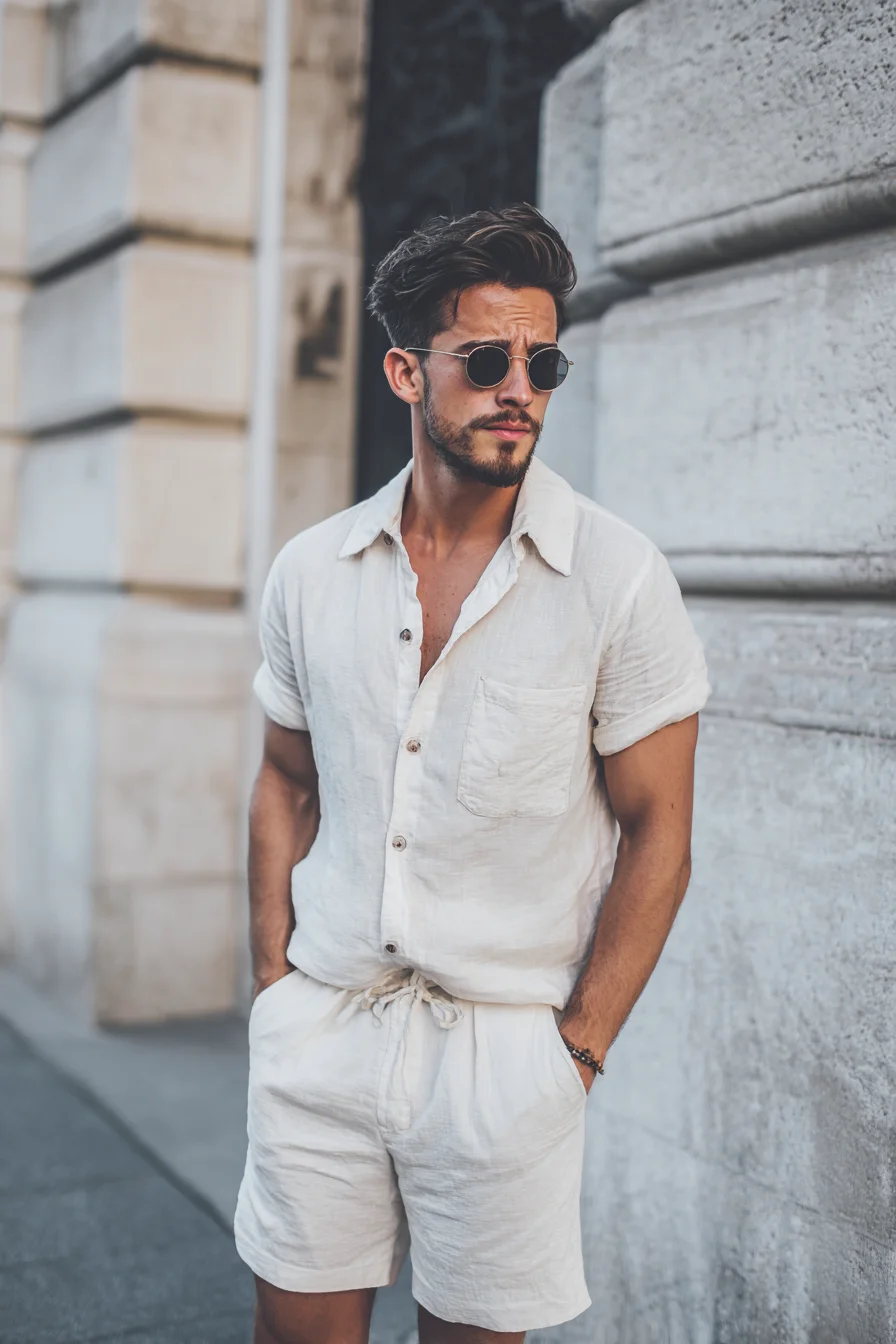 Casual Linen Two-Piece: Summer Shirt & Drawstring Shorts for Men