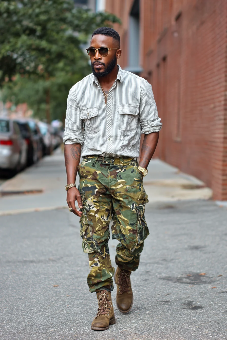 Casual Military-Edge: Striped Button‑Down with Camo Cargo & Boots