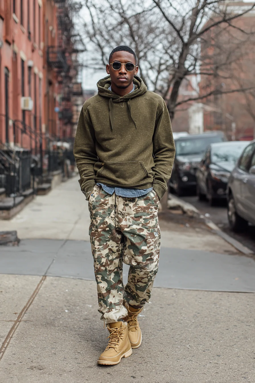 Casual Military-Inspired Streetwear: Olive Hoodie, Camo Cargo Pants & Work Boots