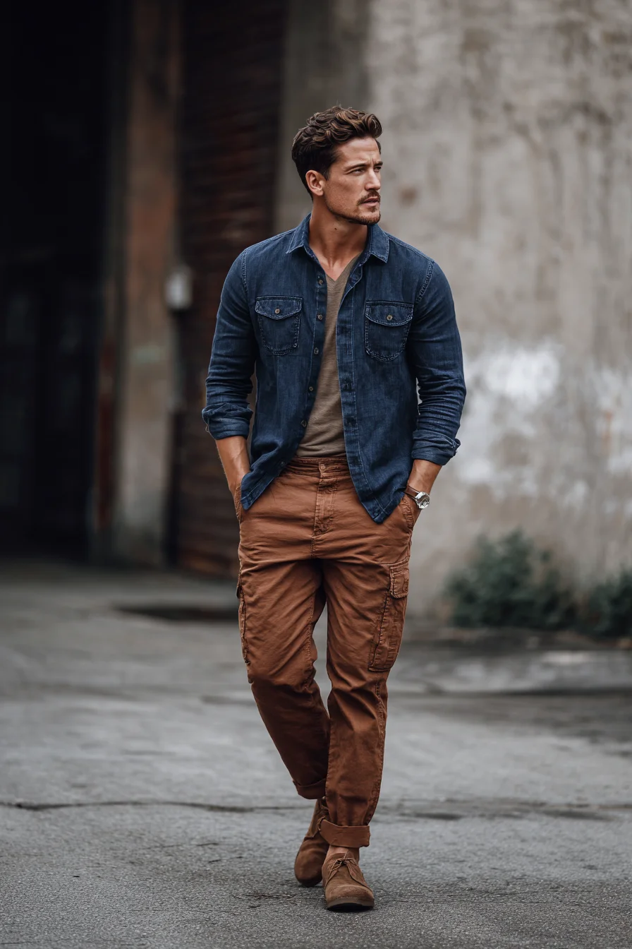 Casual-Modern: Denim Shirt Layered Over Olive Tee with Brown Cargo Pants & Suede Boots