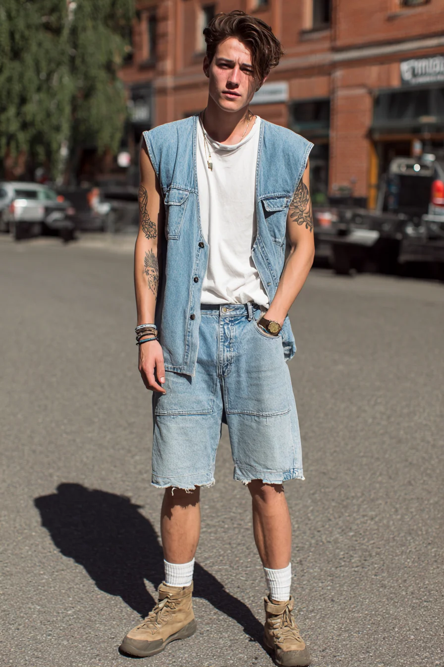 Casual Streetwear: Light‑Wash Double Denim Vest & Shorts for Men