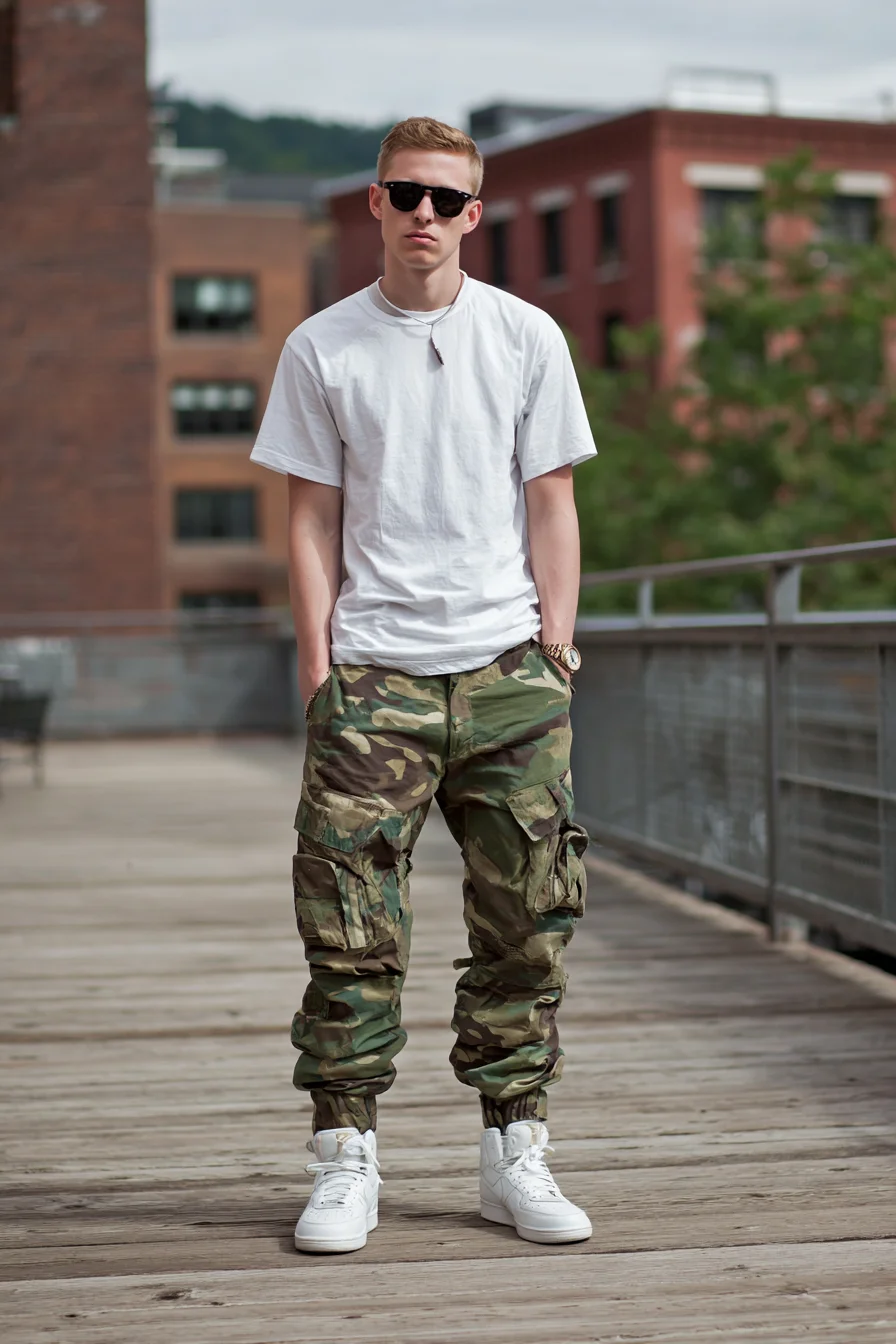 Casual Streetwear: White Crew Tee with Camo Cargo Joggers & White High-Tops