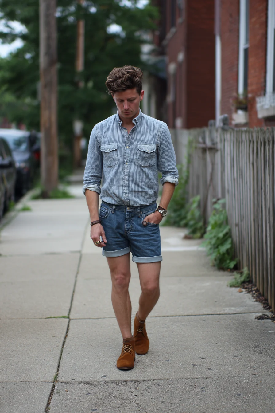 Casual Summer Denim: Striped Shirt, Cuffed Shorts & Suede Chukkas