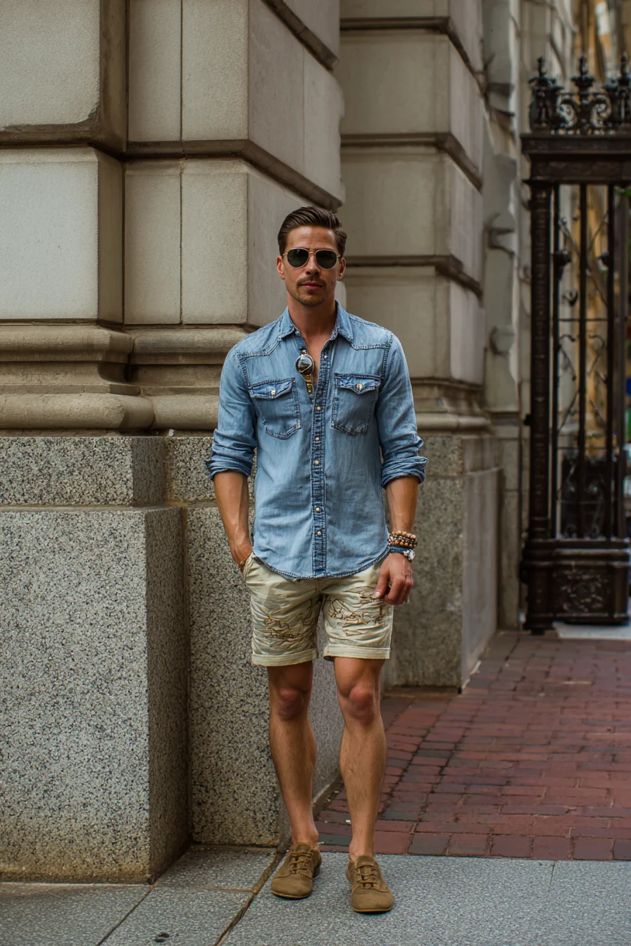 Casual Summer Men’s Outfit: Denim Shirt with Khaki Shorts & Suede Shoes