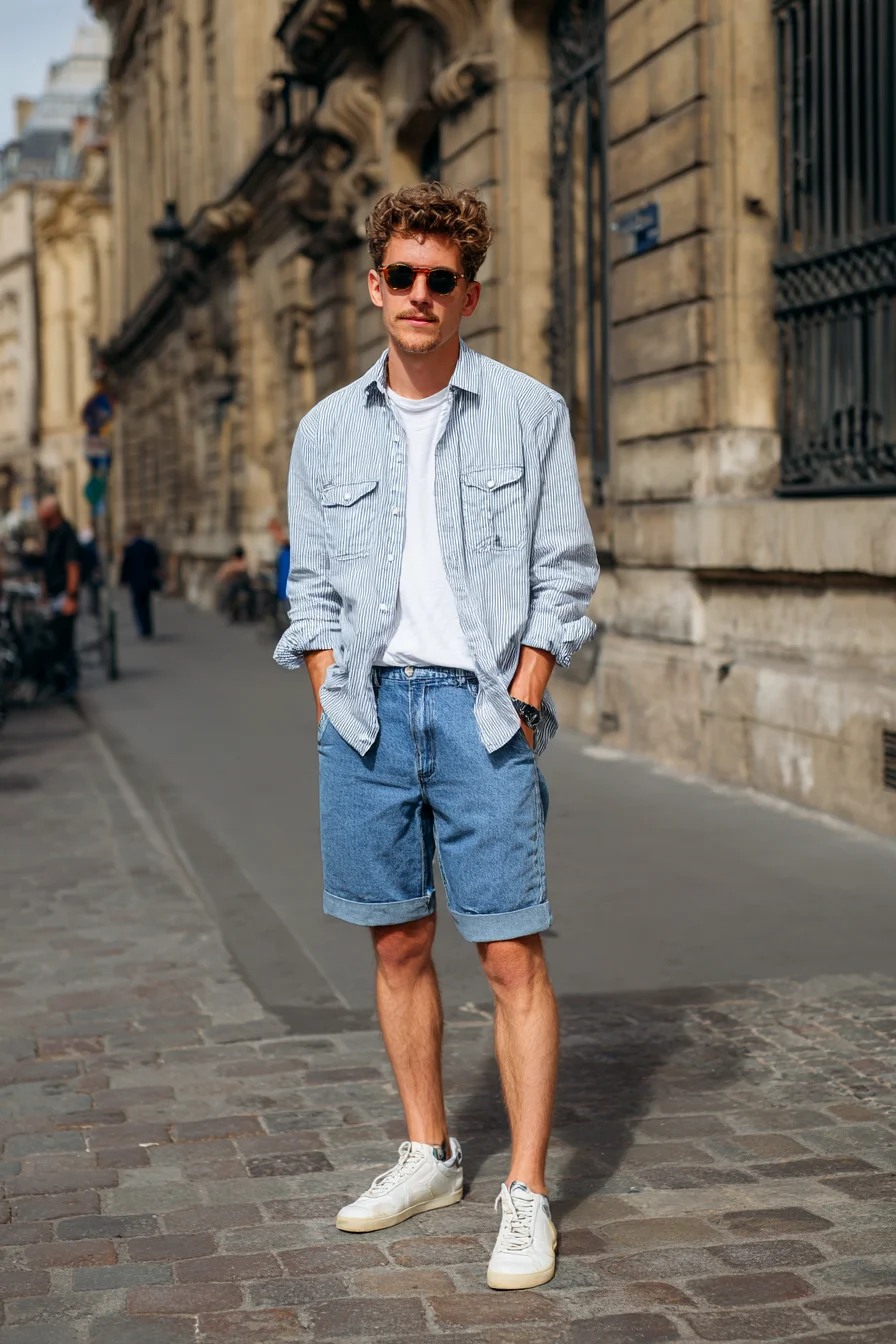 Casual Summer Street Style: Striped Overshirt, White Tee & Rolled Denim Shorts