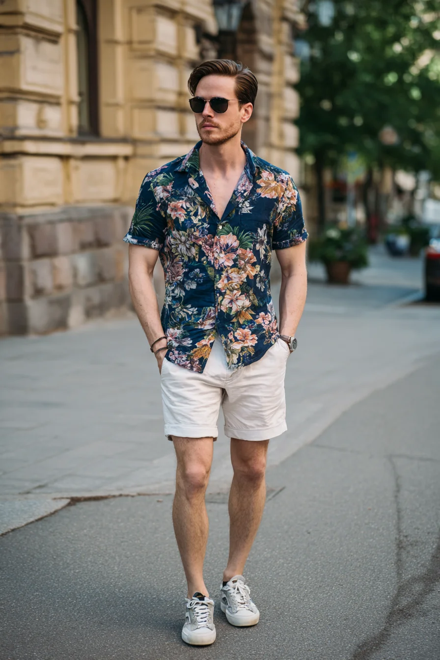 Casual Summer Style: Navy Floral Shirt with White Chino Shorts & Sneakers