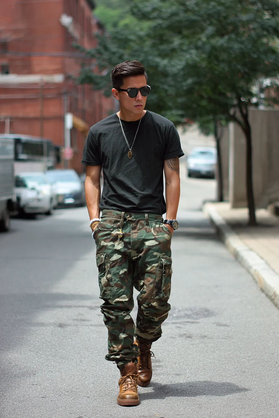 Casual Urban Look: Black Crew Tee with Camo Cargo Pants and Brown Boots
