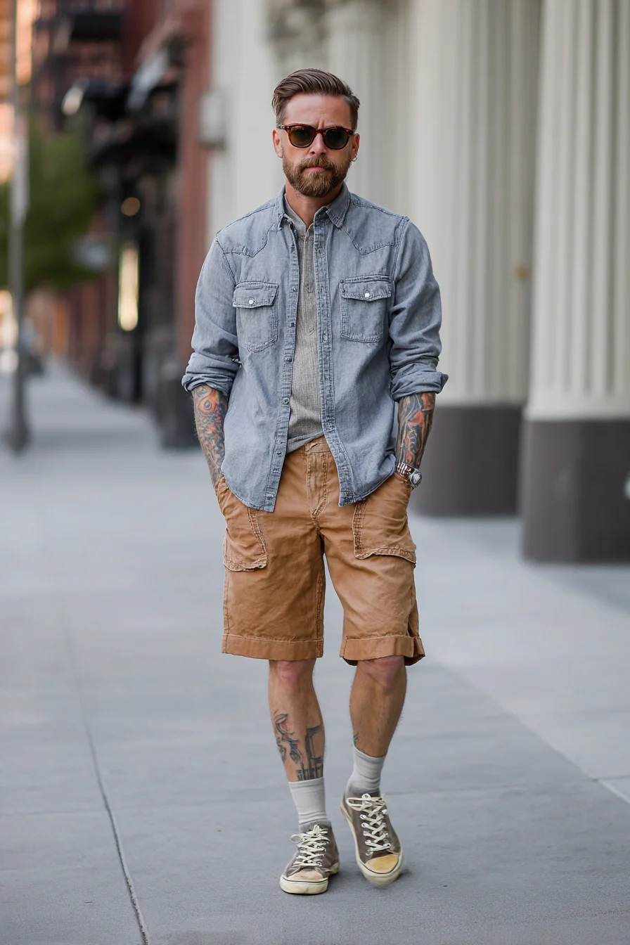 Casual Urban Mens Look: Chambray Shirt, Cargo Shorts & Vintage Sneakers