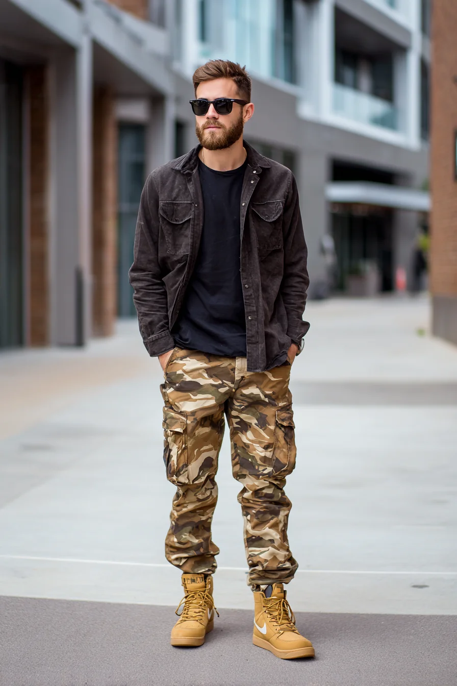 Casual Urban Outfit: Black Shacket with Camo Cargo Pants and Tan High-Tops