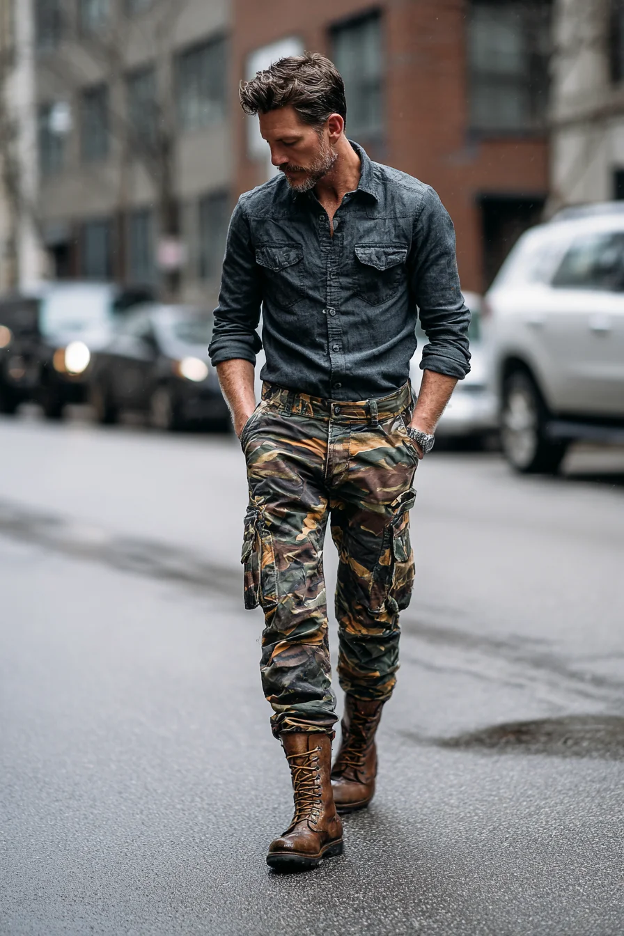 Casual Urban Outfit: Dark Chambray Shirt with Camo Cargo Pants & Leather Boots