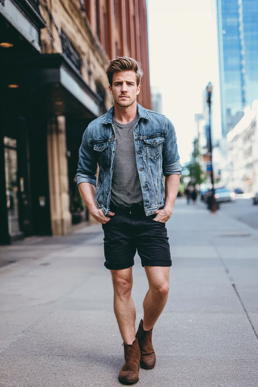 Casual Urban Outfit: Denim Jacket, Striped Tee, Black Shorts & Brown Chelsea Boots