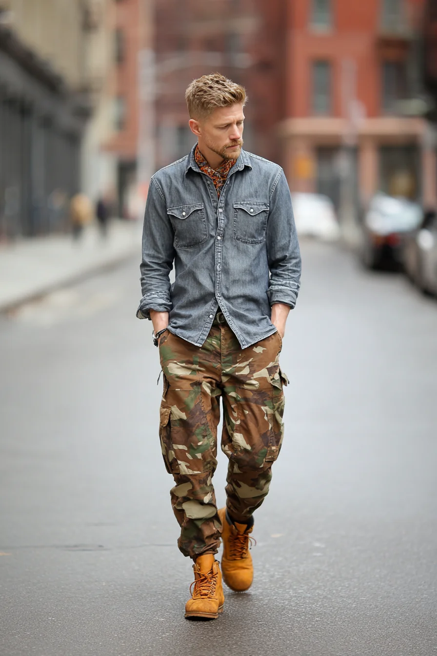 Casual Urban Outfit: Denim Shirt with Camo Cargo Pants and Tan Work Boots