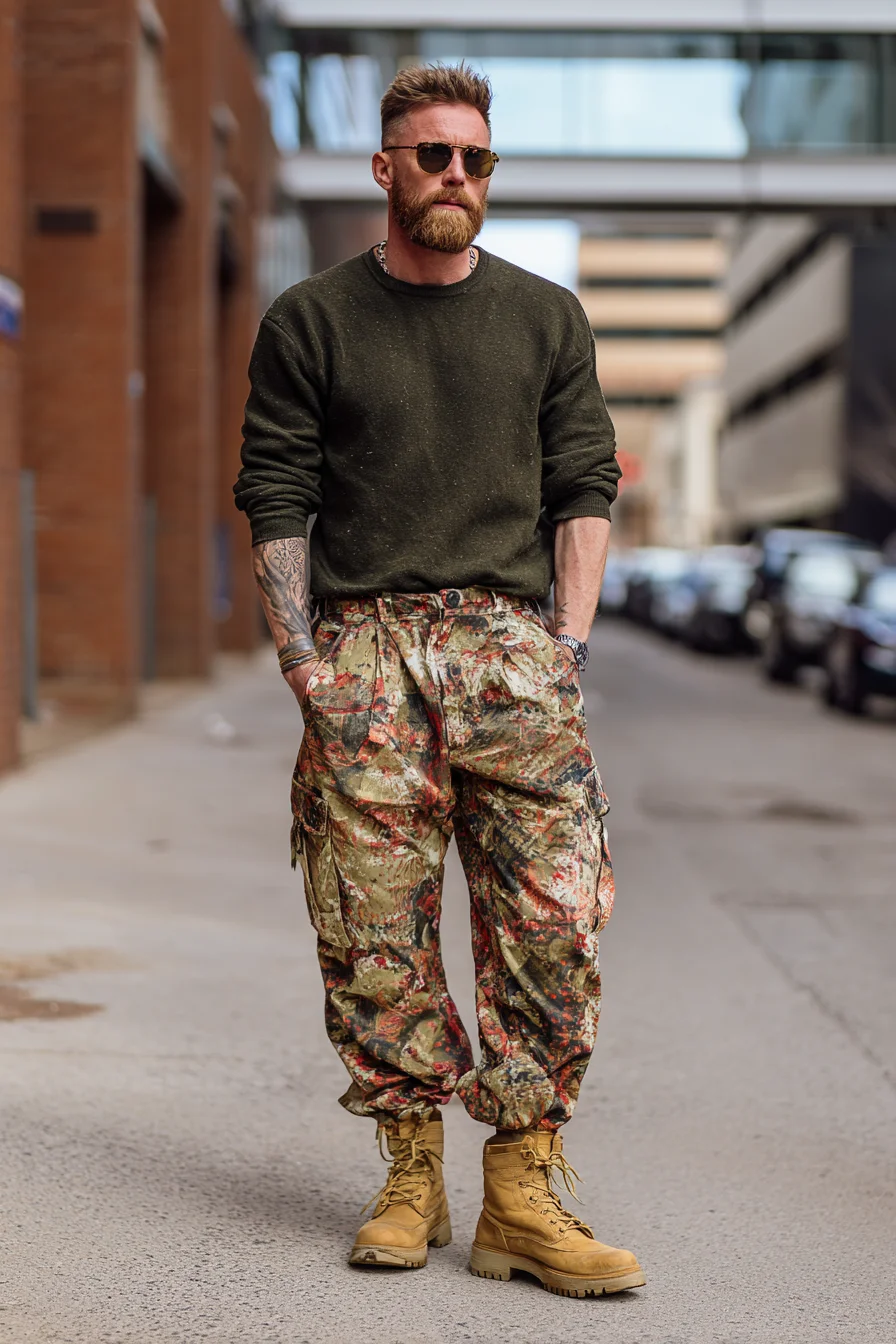 Casual Urban Utility: Olive Crewneck with Painter-Print Cargo Pants & Rugged Boots