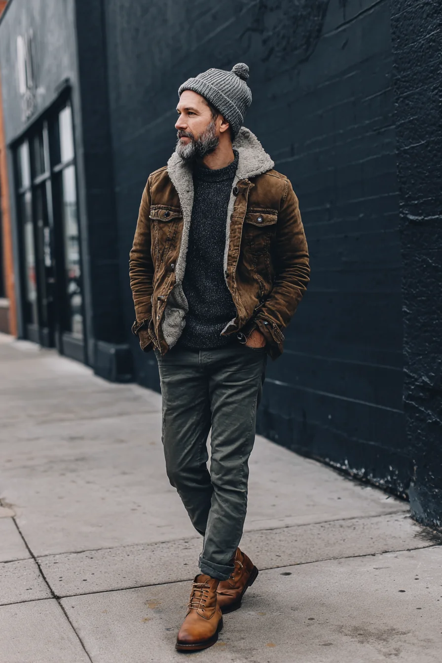 Casual Winter Layering: Shearling Jacket, Knit Sweater & Leather Boots