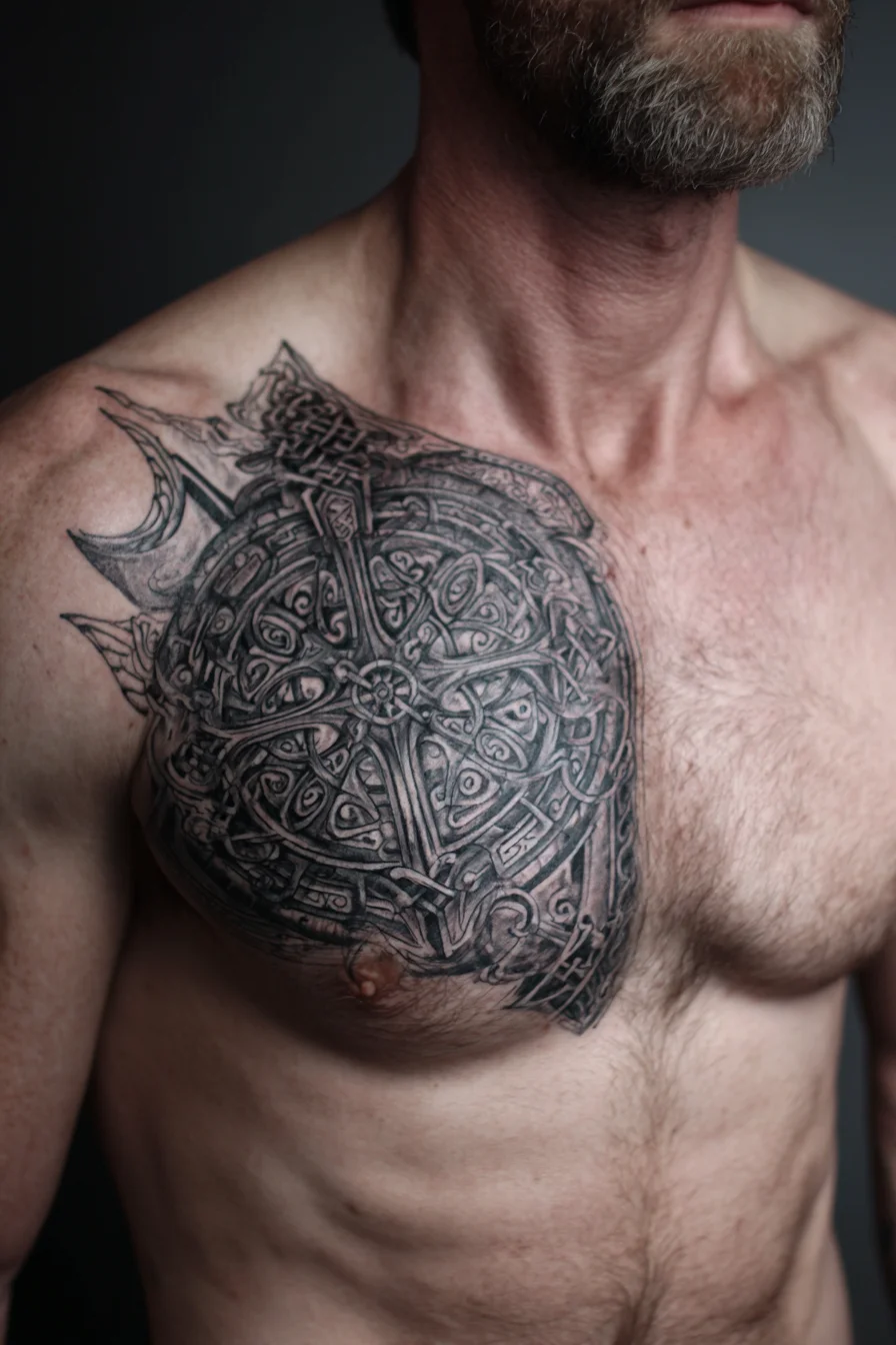 Celtic Shield Knotwork Chest Tattoo — Norse Blackwork for Men