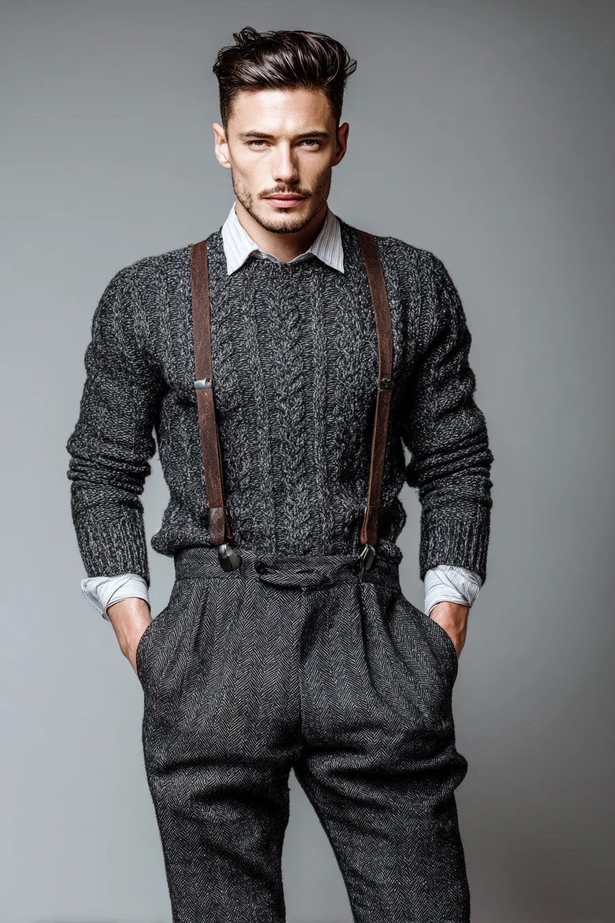 Charcoal Cable-Knit, Tweed Trousers & Leather Suspenders — Modern Mens Smart-Casual