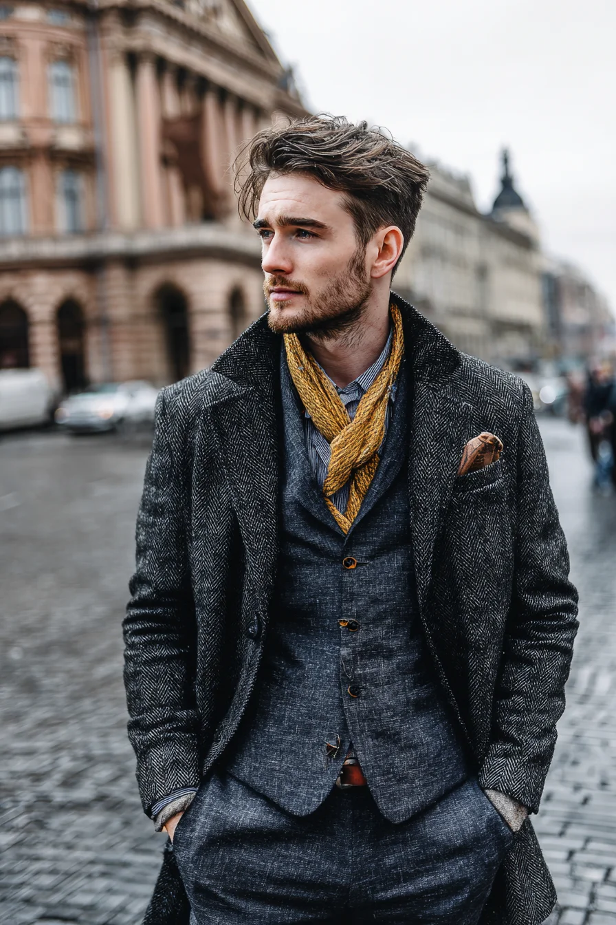 Charcoal Herringbone Overcoat & Waistcoat — Modern Smart-Casual for Men