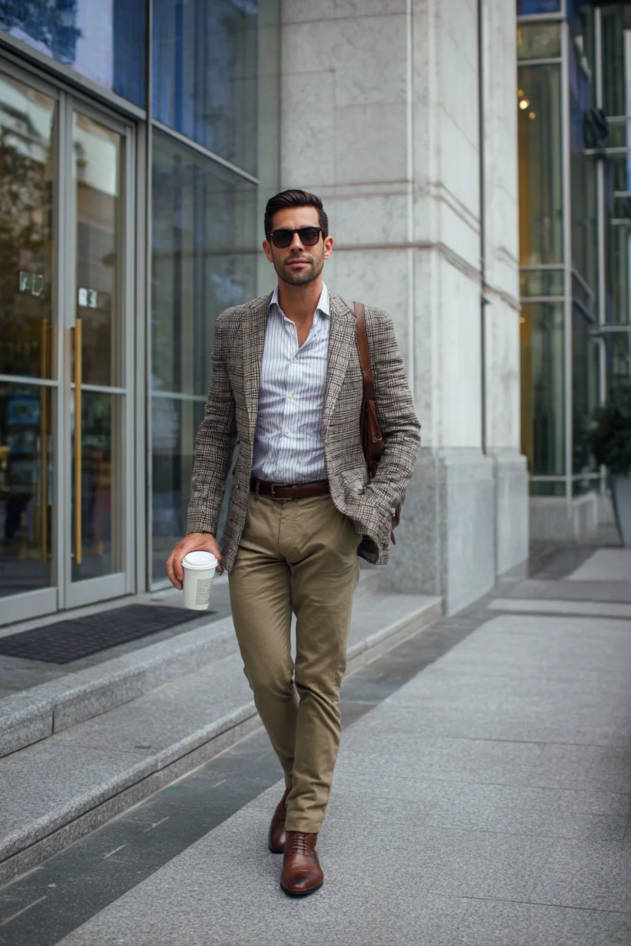 Checked Blazer with Striped Shirt, Khaki Chinos and Brown Leather Boots