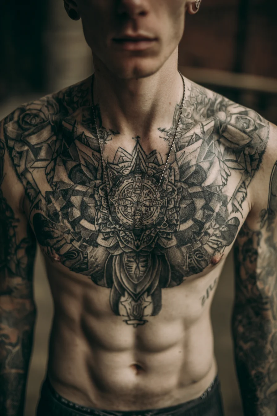 Chest Mandala Geometric Blackwork Tattoo — Sternum to Upper Chest Design