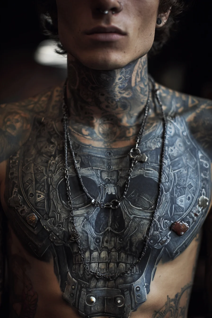 Chest Skull Armor Tattoo — Black & Grey Realism for Men