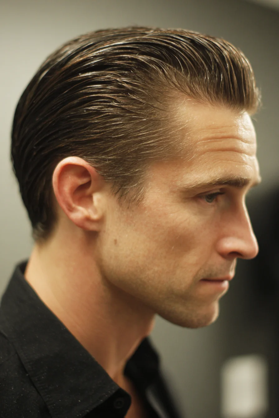 Classic Slicked-Back Men’s Hairstyle — Tapered Sides with Wet-Look Finish