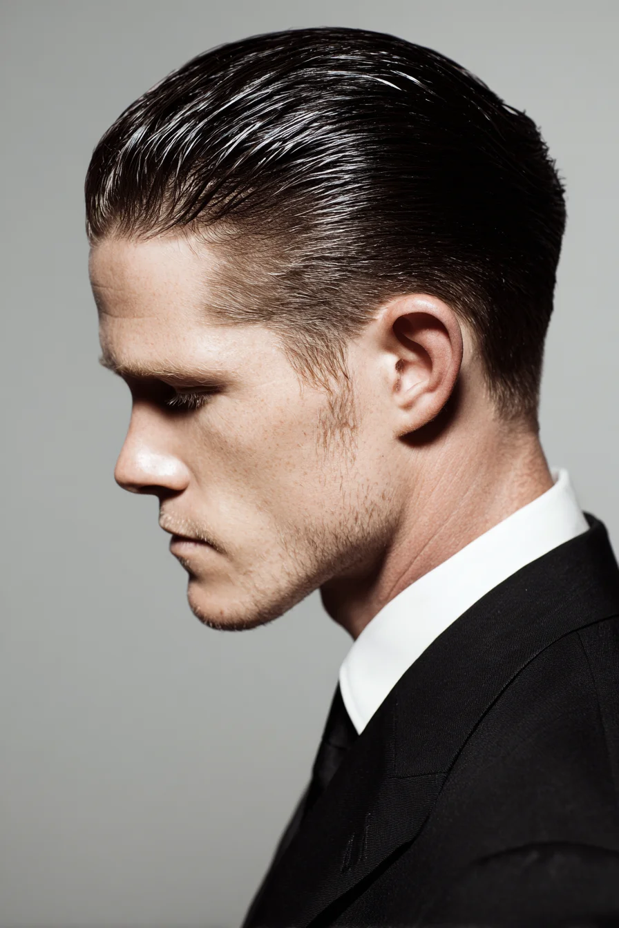 Classic Slicked-Back Men’s Hairstyle with Low Taper (Slick Back)