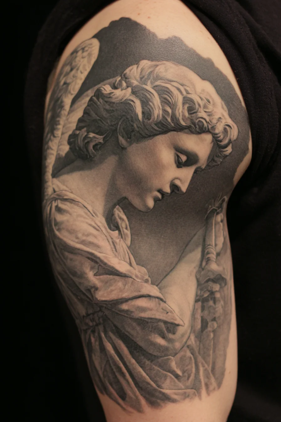 Classical Angel Statue Tattoo — Black & Grey Realism Upper-Arm Sleeve