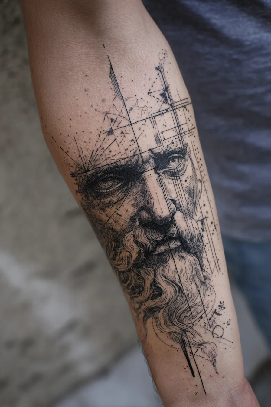 Classical Bearded Portrait Forearm Tattoo — Sketch Realism & Linework