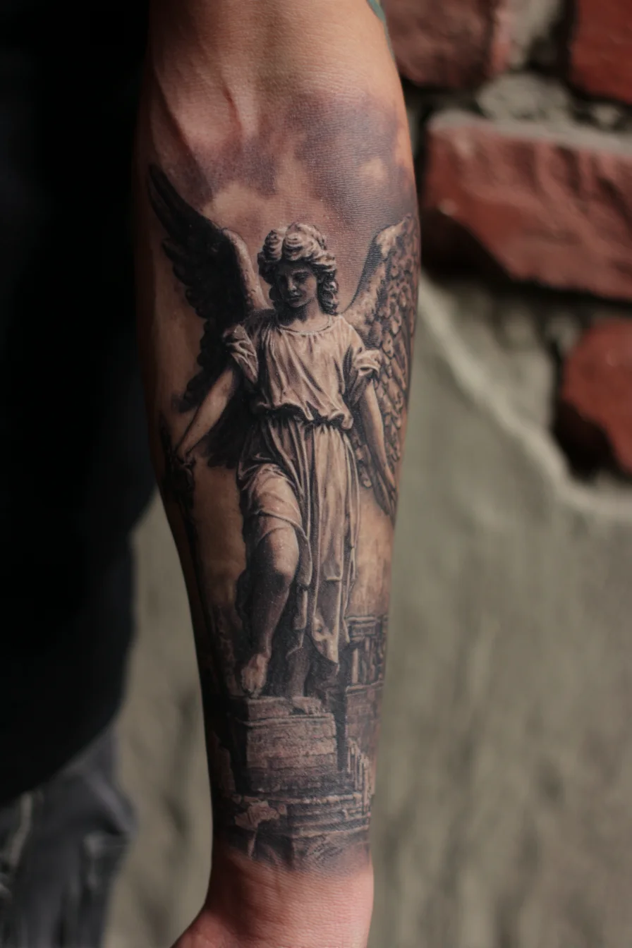Classical Black-and-Gray Guardian Angel Forearm Tattoo