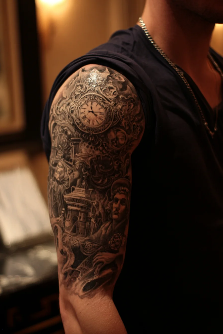 Classical Black & Grey Half-Sleeve: Pocket Watch, Filigree & Statue Portrait