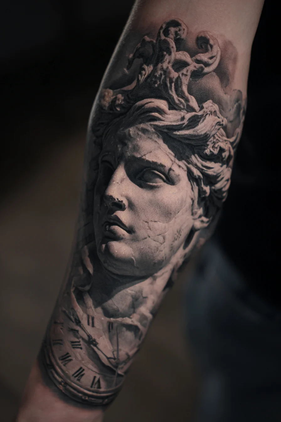 Classical Marble Portrait Forearm Tattoo — Broken Statue with Roman Clock
