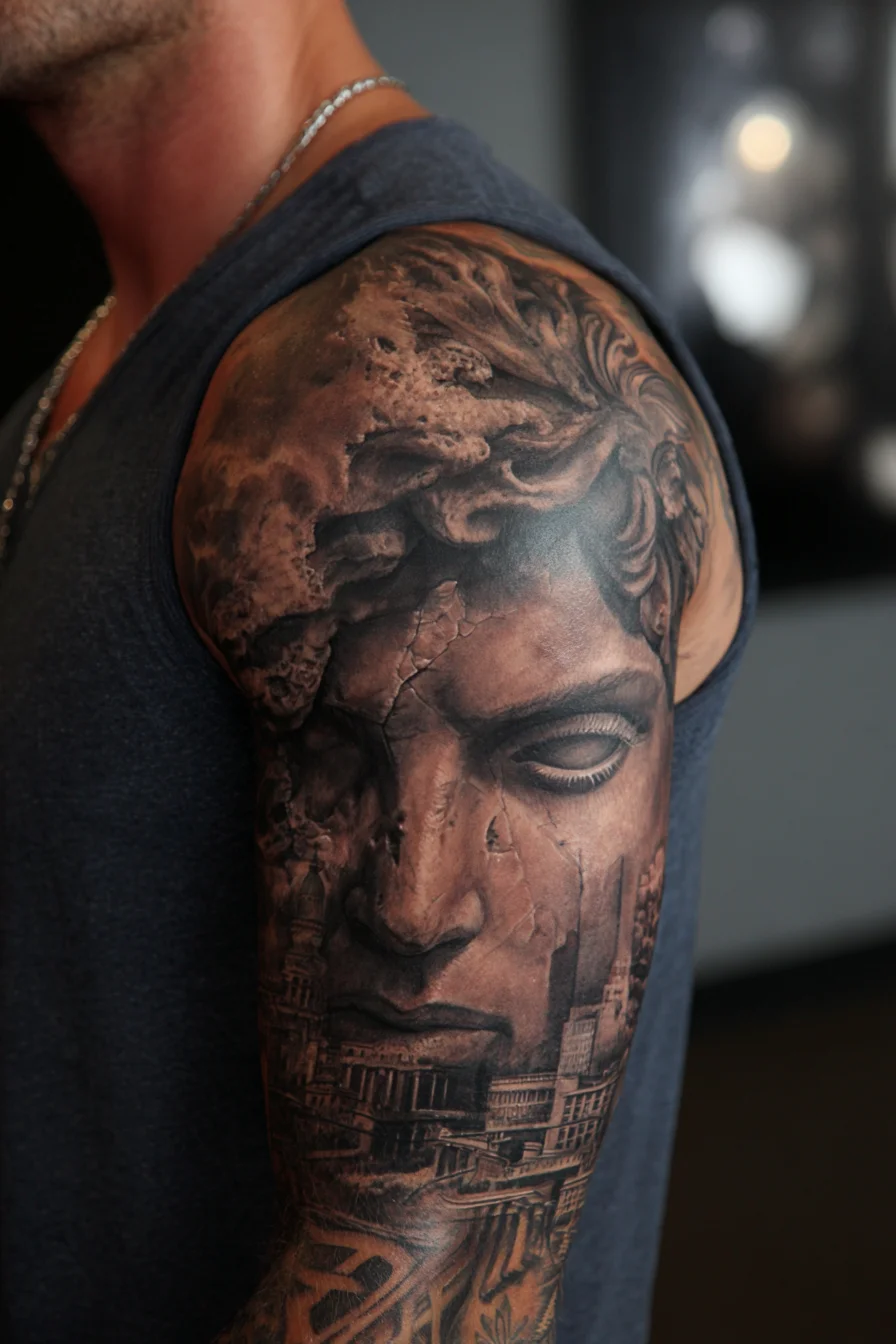 Classical Statue Half‑Sleeve Tattoo — Realistic Black & Grey Bust