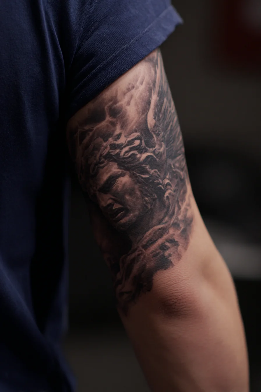 Classical Statue Portrait — Black & Grey Upper Arm / Half-Sleeve Tattoo