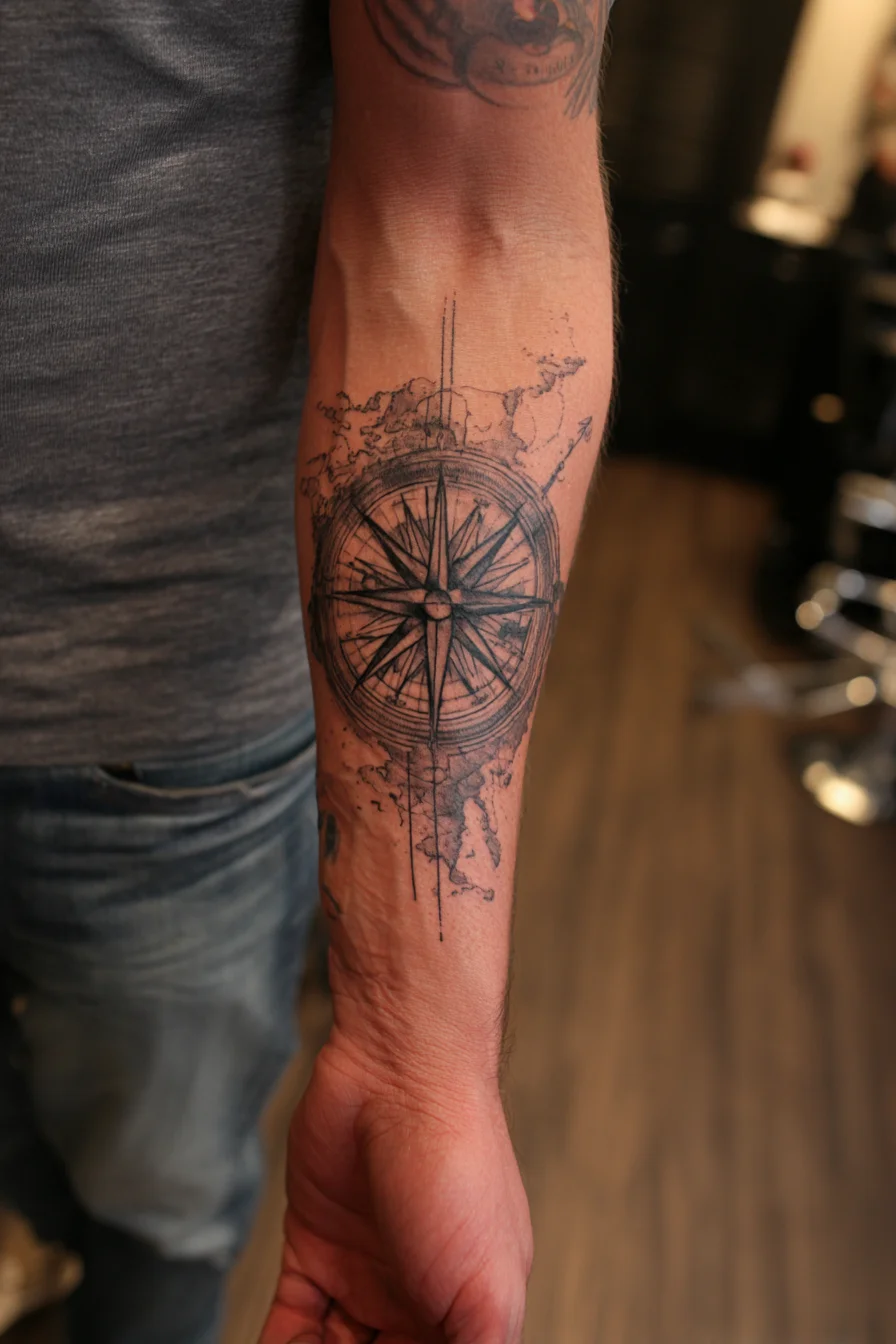 Compass Forearm Tattoo — Nautical Compass Map Design, Blackwork & Sketch Style